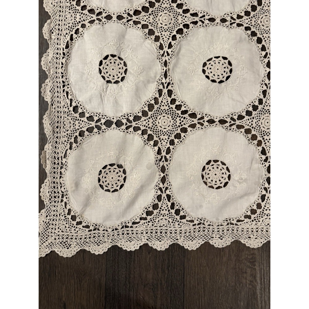 Crochet & linen Vintage Tablecloth Table square Beautiful Handmade 42" - Picture 5 of 9
